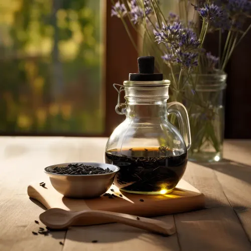 Black seed oil (nigella sativa) on table